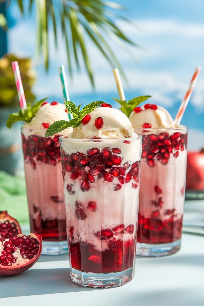 Pomegranate Punch Float in tall glasses with pomegranate soda, vanilla ice cream, and garnished with pomegranate seeds and mint.